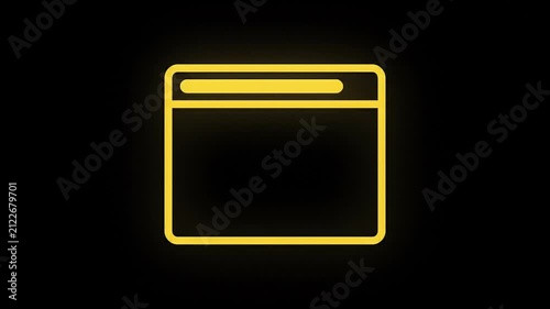 Glowing yellow browser window icon on black background, minimalist web browser interface symbol, digital internet browser outline animation