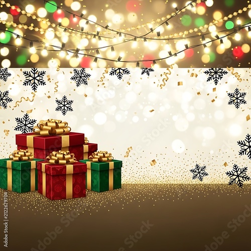 Christmas gift boxes with holiday decorations on wooden table.