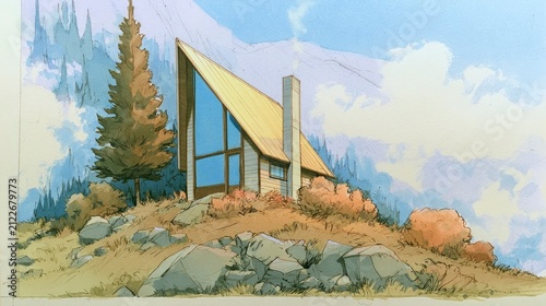 Modern A-Frame Mountain Cabin with Large Windows and Chimney on Rocky Hill