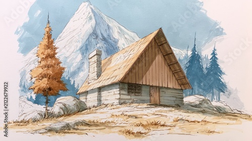 Cozy Mountain Cabin Amid Snowy Peaks and Forest in Winter Scene