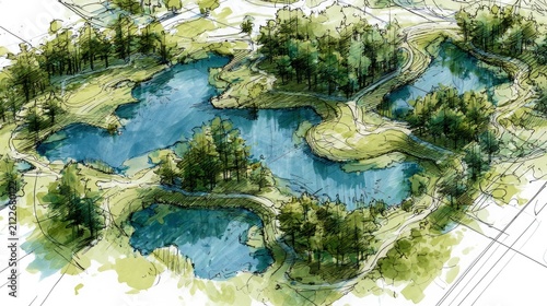 Artistic Hand-Drawn Map of Natural Landscape Featuring Lakes and Forests