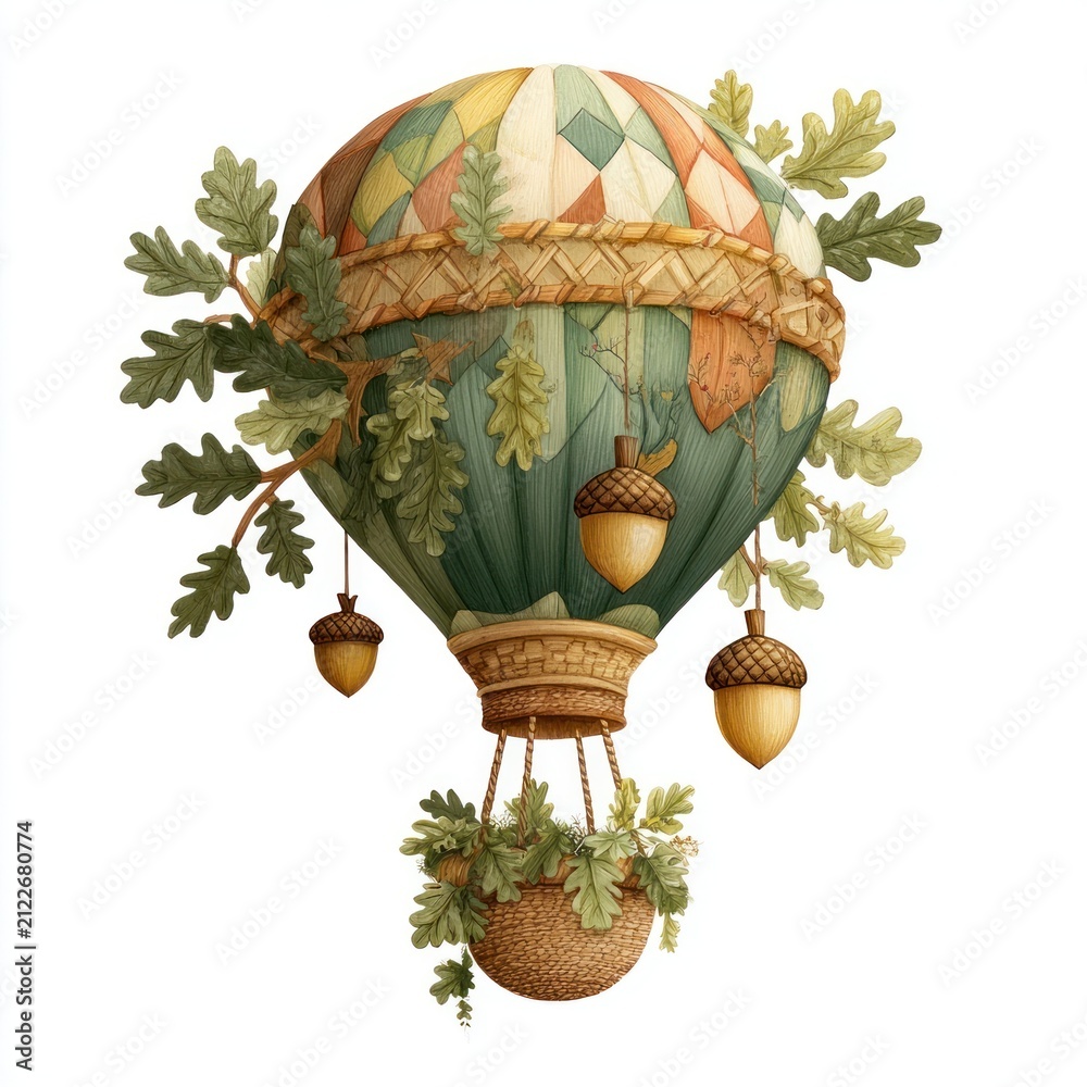 Fototapeta premium Whimsical acorn hot air balloon with autumn oak leaves