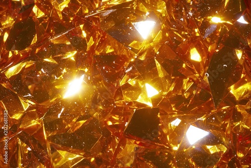 Bright orange crystals reflect light in a collection on a flat surface during daylight