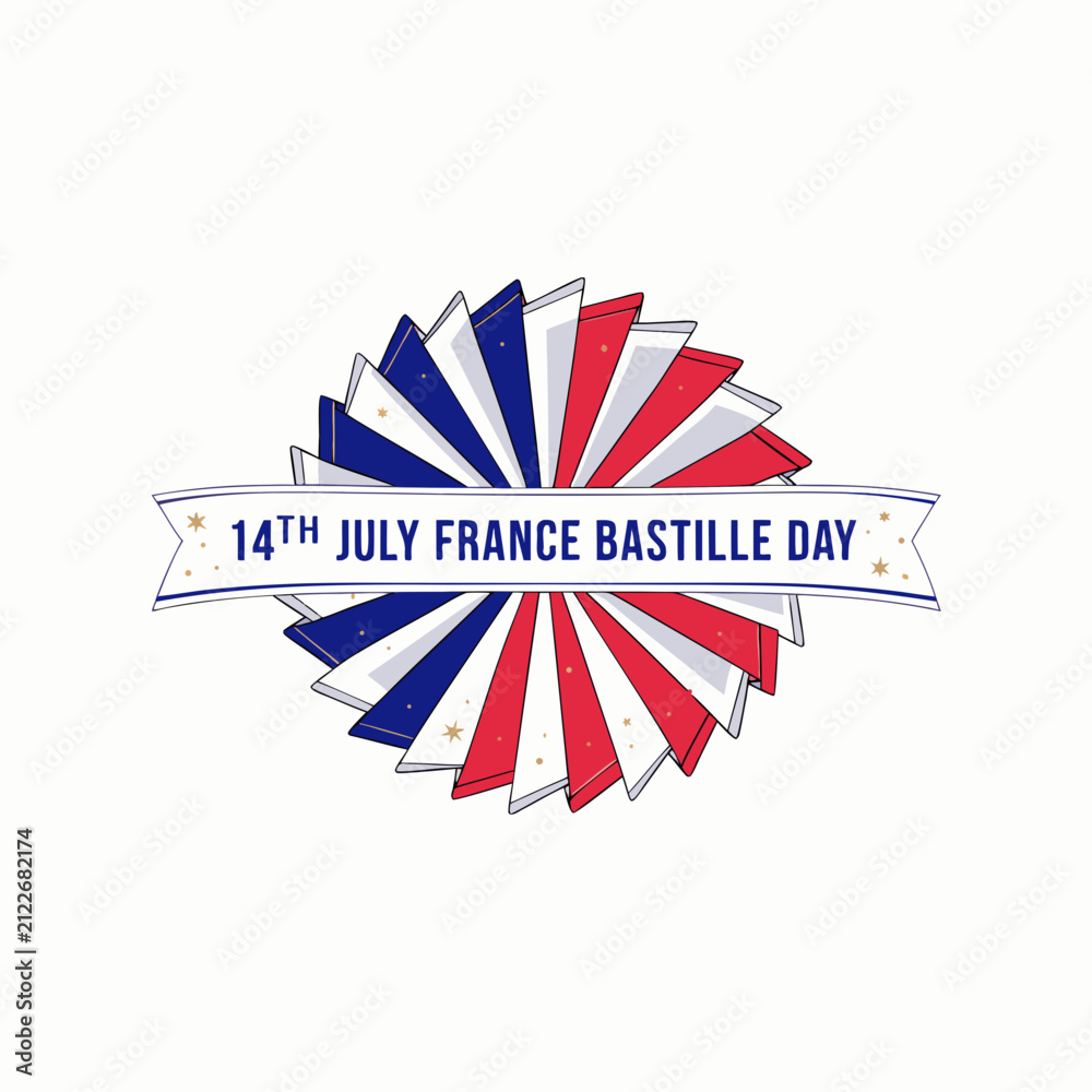 Fototapeta premium Vintage Bastille Day emblem, red white blue vector rosette badge. French 14th July national holiday award label, patriotic celebration concert program icon.