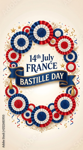 Retro vintage Bastille Day collection set with French national flag rosette ribbons and 14th July typography, iconic commemorative badge design for card and poster