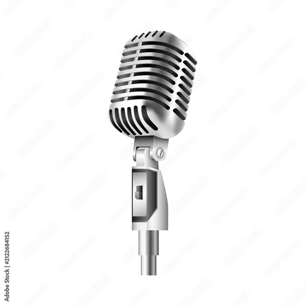 Fototapeta premium Vintage microphone on stand during studio recording with clean lighting isolated on transparent background
