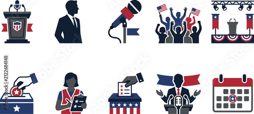 Fotografie USA presidential campaign flat icon set featuring election process, political ra