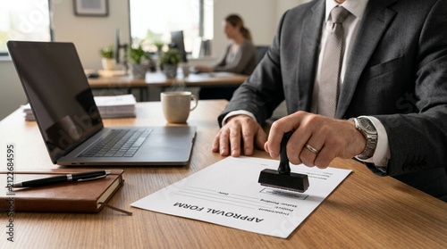 Businessman stamping approval form with a rubber stamp in office setting