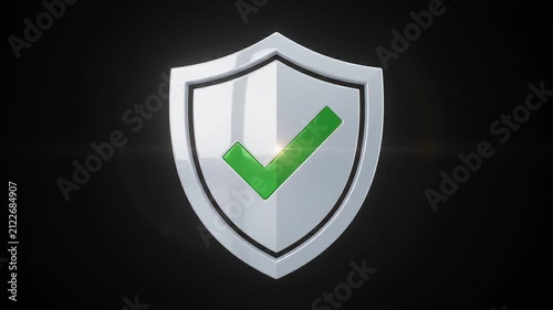 Metallic silver shield with green checkmark, 3D security protection icon on black background, cyber safety and verified data privacy concept