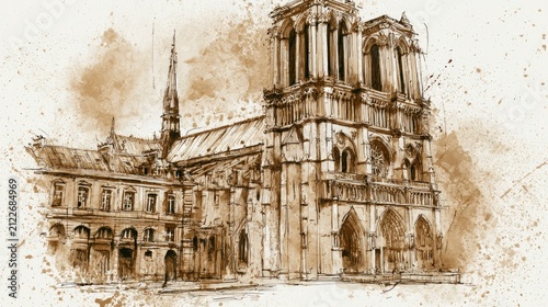 Artistic watercolor illustration of historic church and surrounding buildings in sepia tones