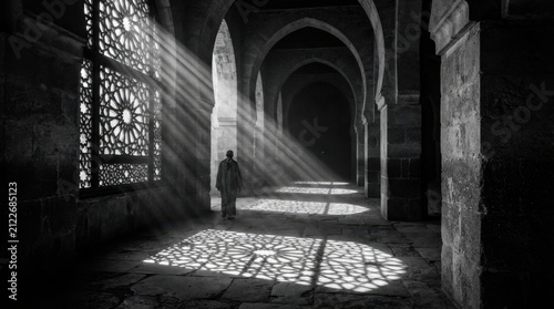 Monochrome Gothic Hallway Lit By Sunlight Ray