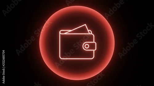 Neon red wallet icon glowing in dark circle, digital finance and electronic payment concept, luminous money purse symbol for fintech marketing