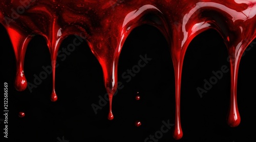 Deep red liquid drips thickly against a black background, creating a dramatic and intense visual effect.