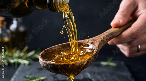 Cold Pressed Golden Extra Virgin Olive Oil Pouring into Spoon