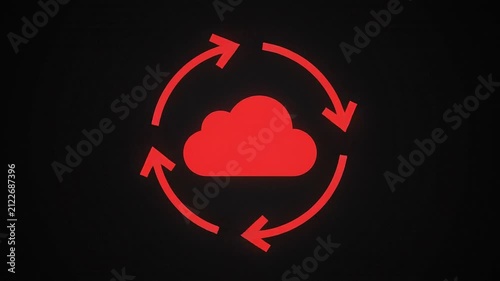 Red glowing cloud computing icon with circular arrows, digital data synchronization symbol on black background, cloud storage backup concept