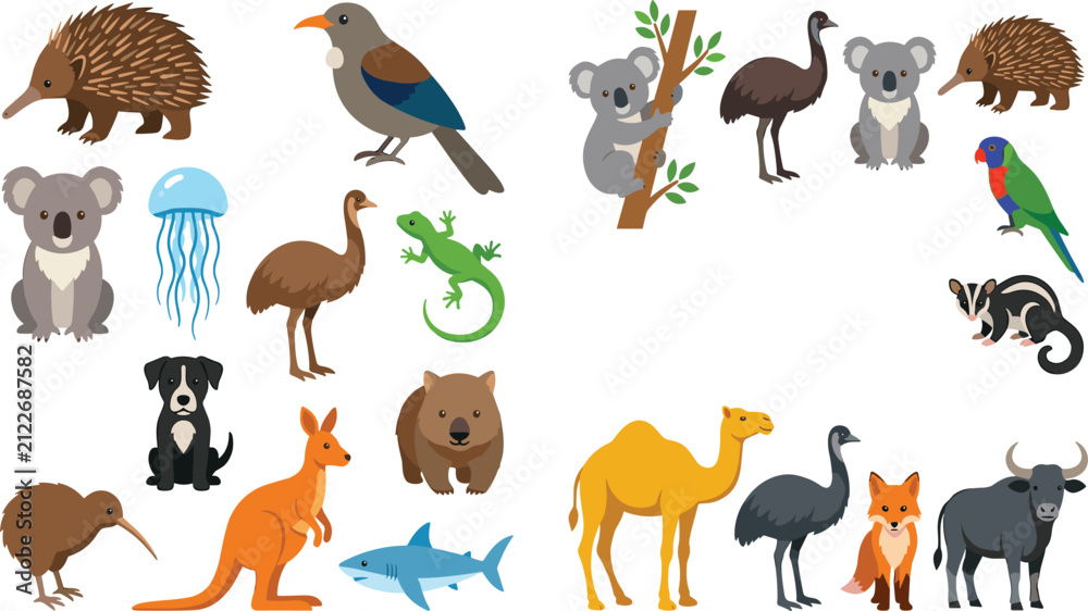 Obraz premium Australian Wildlife Clipart Set – Cartoon Animal Vector Illustrations