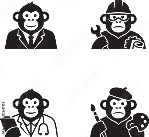 Set of monkey characters in different professions vector illustration