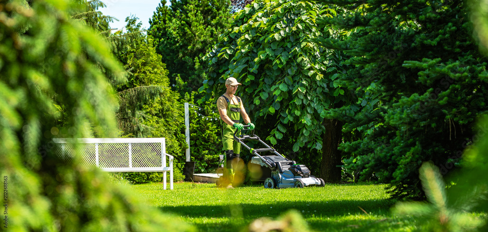 Obraz premium Gardener mows lawn in peaceful backyard on a sunny day