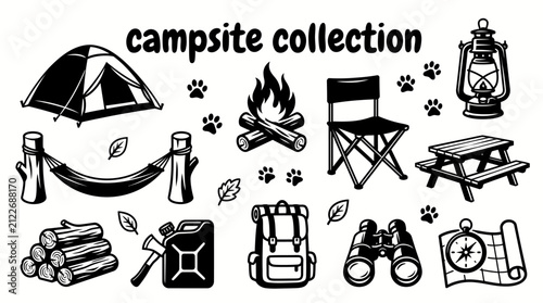 campsite elements featuring tents campfires picnic tables hammocks firewood axes water containers lanterns folding chairs and nature accessories set for outdoor recreation camping tourism
