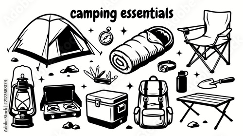 camping essentials featuring dome tents sleeping bags camping chairs lanterns portable stoves coolers backpacks folding tables and outdoor accessories for adventure travel wilderness recreation