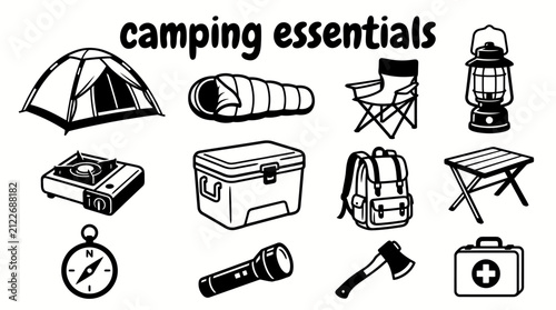 camping essentials featuring dome tents sleeping bags camping chairs lanterns portable stoves coolers backpacks folding tables and outdoor accessories for adventure travel wilderness recreation