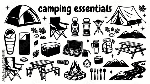 camping essentials featuring dome tents sleeping bags camping chairs lanterns portable stoves coolers backpacks folding tables and outdoor accessories for adventure travel wilderness recreation