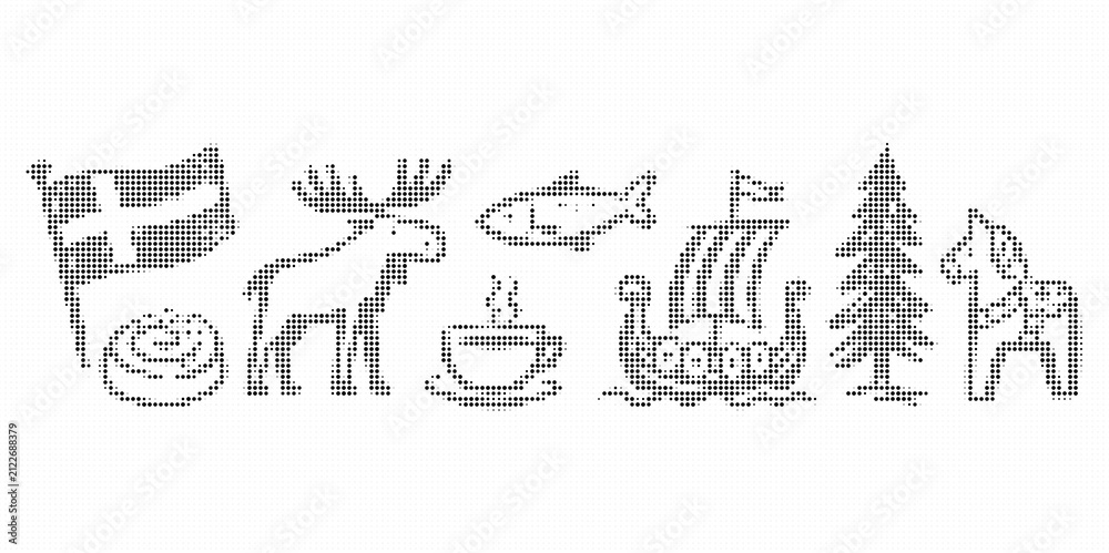 Obraz premium Set of scandinavian icons and symbols, including a swedish flag, moose, fish, coffee cup, viking ship, pine tree, dala horse, and cinnamon roll, halftone style