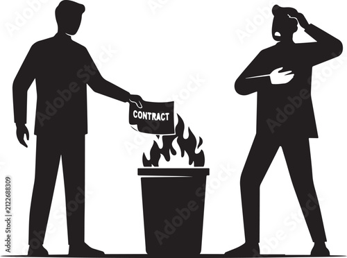 Silhouette of a businessman burning a contract in a trash can vector illustration