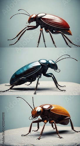 Close up of three different beetle species on white background.