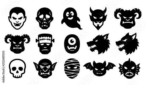 Foto Spooky Monster Face Silhouettes Black Halloween Vector Icon Pack