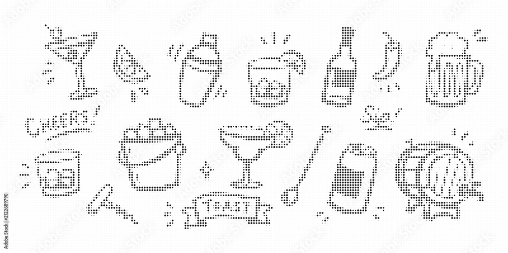 Fototapeta premium Set of hand drawn bar and alcohol drinks elements cocktail, beer, wine, whiskey, shaker, lime, ice, bottle, barrel, cheers, toast, corkscrew, glass, beverage, pub, bar icons