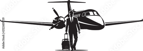 Businessman walking with luggage in front of a private jet vector illustration