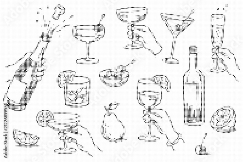 Set of cocktail and party drink icons in halftone style