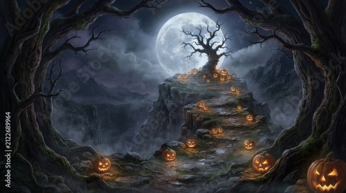 Spooky Path With Pumpkins Leading To Moonlit Tree