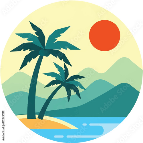 Tropical beach with palm trees and sunset over mountains