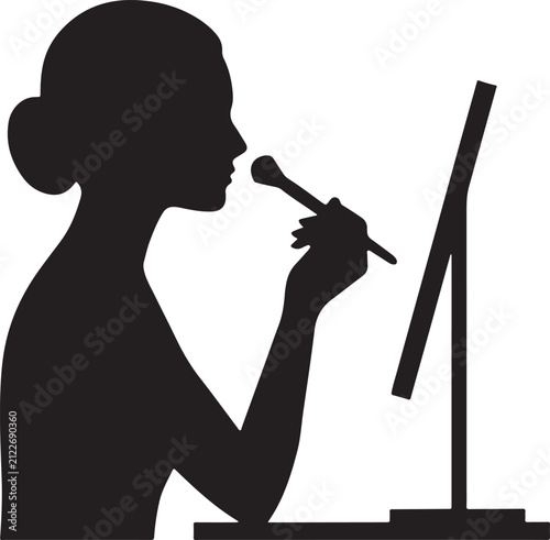 Silhouette of a woman applying makeup with a brush in front of a mirror vector illustration