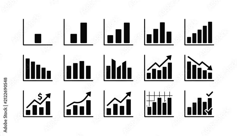 Obraz premium Set of black and white bar chart and graph icons for business data analysis and financial reporting