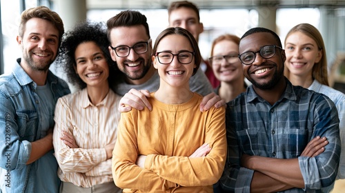 Diverse group of smiling young adults standing together indoors in a modern setting