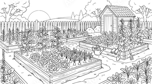 Vegetable Garden Coloring Page with Raised Beds and Garden Shed