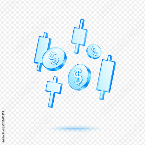 Candlestick Chart Dollar Coin Trading, 3D Blue Glossy Finance Icon