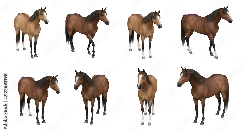 Obraz premium eight horse illustrations in various coat colors walking on a white background equine breeds for design resources