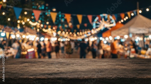 Wooden Table Surface With Blurred Night Festival Lights