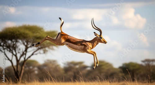 A graceful impala jumps high over the dry African savanna grasses