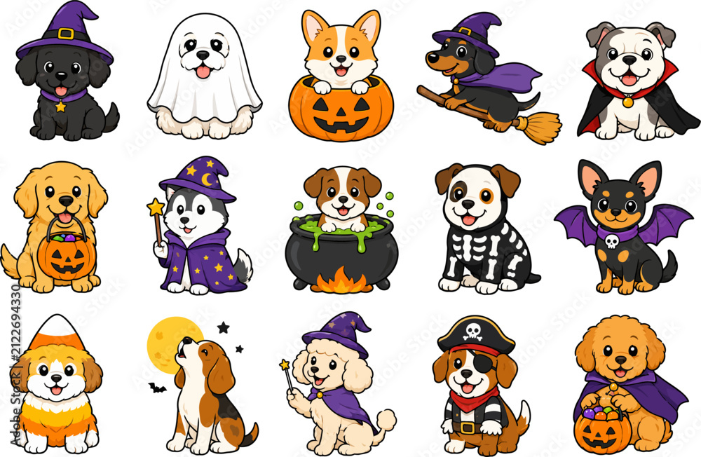 Fototapeta premium Set of cute cartoon puppies dressed in various halloween costumes including witches ghosts pumpkins and vampire outfits for children