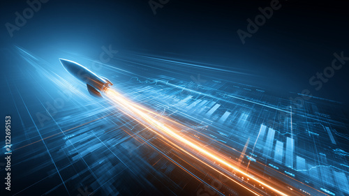 Rocket accelerating across financial charts representing rapid business growth and market performance
