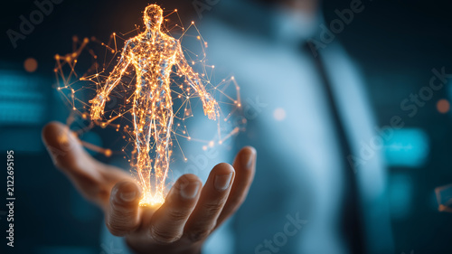 Doctor holding a holographic human body representing digital health assessment and advanced medical diagnostics
