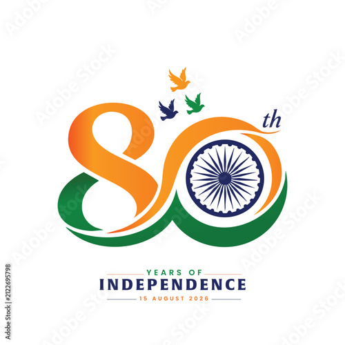 Creative 80th India Independence Day illustration featuring tricolor typography, Ashoka Chakra, India Gate, freedom march, Indian flag and flying doves, isolated on a white backgro