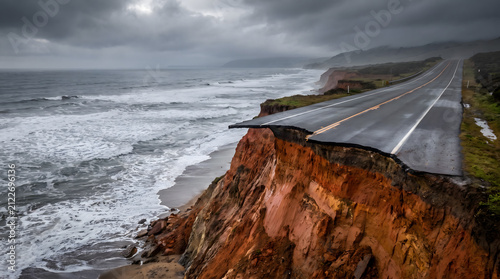 Coastal highway asphalt road collapsed into ocean due to erosion and cliff landslide