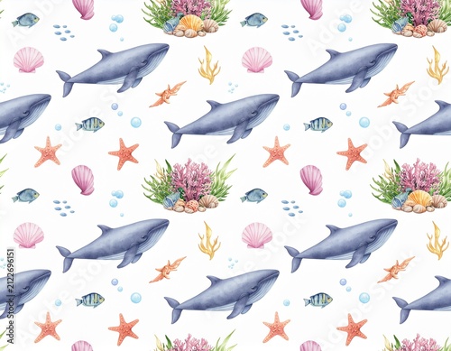 Seamless watercolor marine pattern with cute whales, coral reefs, seashells, starfish, tropical fish, seaweed, and bubbles on white background
