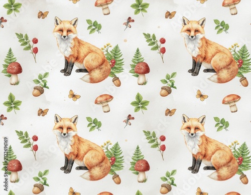 Seamless watercolor pattern with cute fox, mushrooms, acorns, ferns, berries, and butterflies for autumn woodland nursery and fabric design